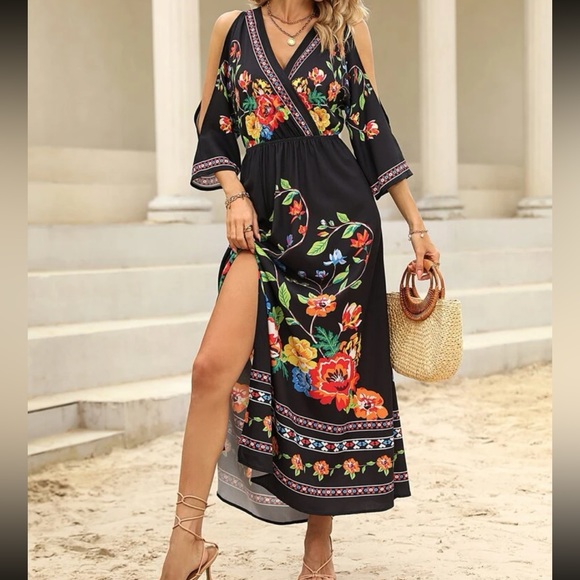 Boho floral print cold shoulder slit thigh maxi dress - Picture 4 of 6